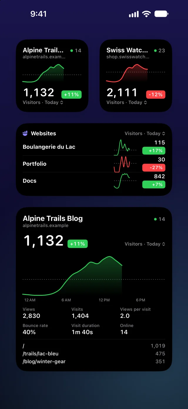 Pocket Stats for Umami widgets on an iOS Home Screen