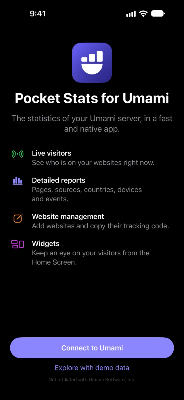 The app’s welcome screen, with demo mode